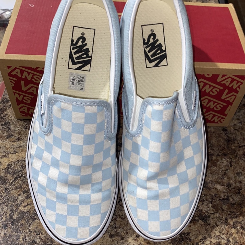Baby blue checkerboard Vans